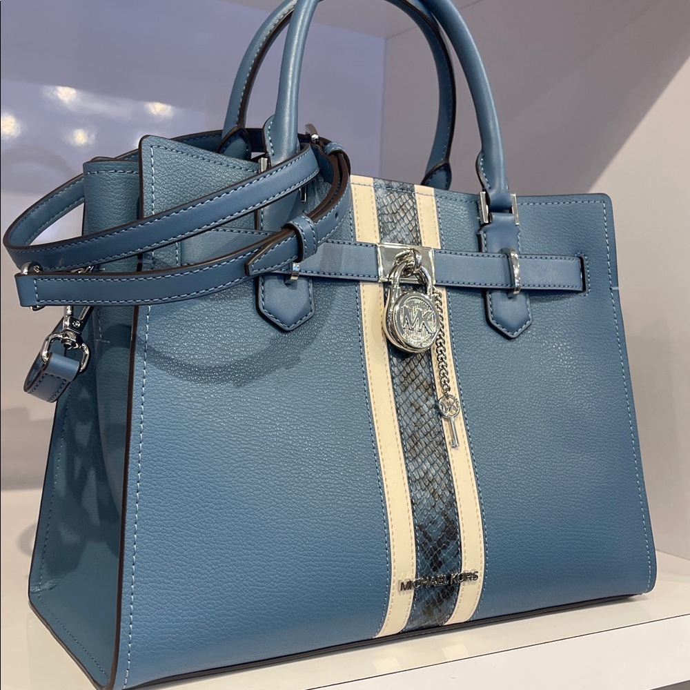 MICHAEL KORS Hamilton Md Leather and Snake Embossed Stripe Satchel
Cornflower - Picture 3 of 16